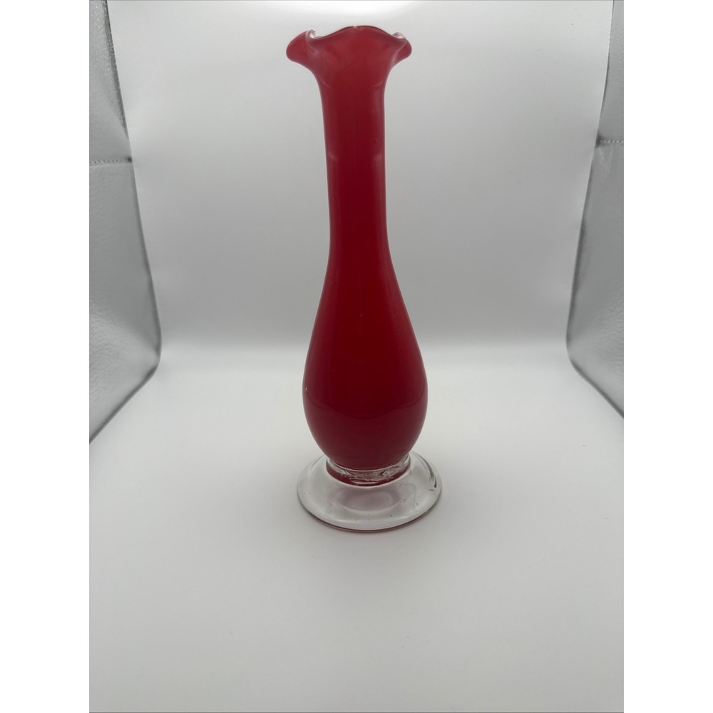 Vintage Red Cased Glass Bud Vase Ruffled Rim Clear Base‎ Mid Century Decor 7.5"